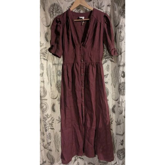 Linen Handmade Studio Burgundy Linen Midi Dress Size S - Picture 4 of 7